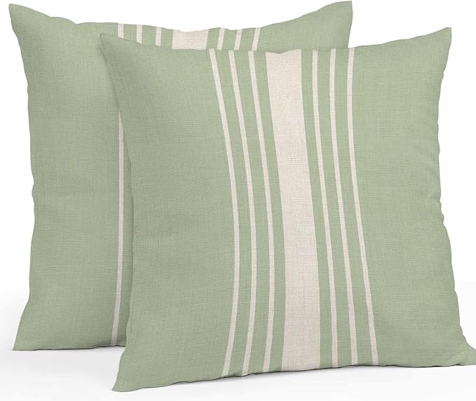 Throw Pillow Covers 24x24 Inch Set of 2, Sage Green Beige Striped Waterproof Outdoor Cushion Covers, Modern Farmhouse Retro Lines Decorative Pillowcases for Couch, Sofa, Bed, Garden, Patio