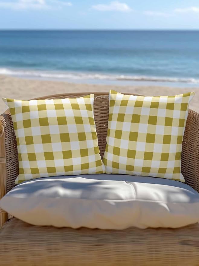 Waterproof Outdoor Pillow 1 Pack Buffalo Plaid Decorative Throw Pillows Cover & Insert 18x18 Inch Pillowcase Yellow Check Lines Square Pillows for Couch Sofa Bed Patio Furniture Indoor Outdoor