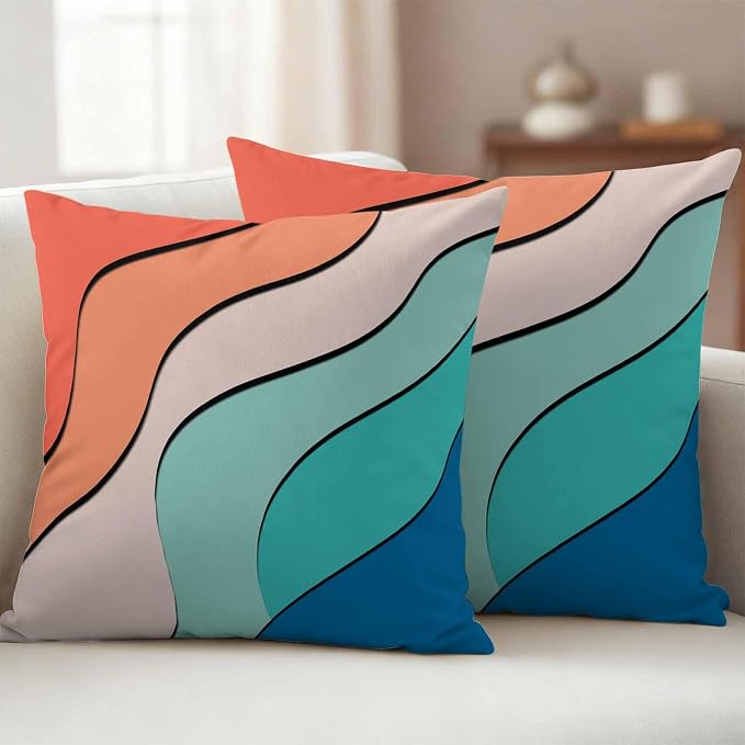 Orange Teal Ombre Outdoor Pillow Covers 24x24 Inch Throw Pillow Covers Set of 2 Waterproof Decorative Pillow Cases Modern Moire Abstract Art Cushion Covers for Patio Furniture Garden Couch Sofa