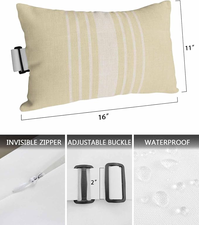 Pack of 2 Outdoor Lumbar Pillow Covers 11x16 Inch, Cream Beige Striped Waterproof Throw Pillow Covers Set, Modern Farmhouse Retro Lines Indoor&Outdoor Decorative Cushion Cases for Patio Porch Beach