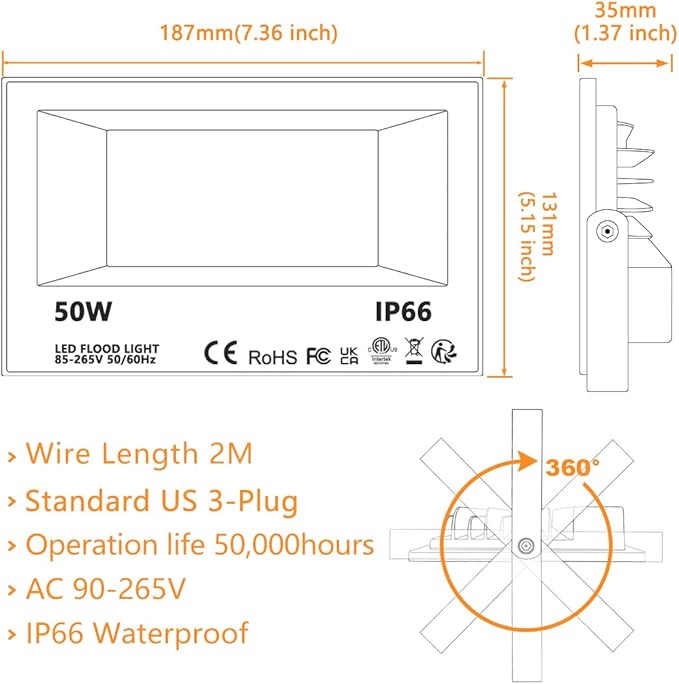 Led Flood Light 500W Equivalent, RGBW Led Outdoor Lights Colored Floodlight | Remote Control, 50W,5000ML 2700K,120 Colors, Timing, Dimmable, Custom Modes, Landscape Lighting (2 Pack)