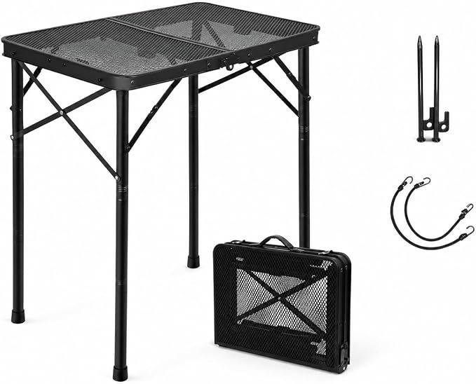 E EASTSTORM Folding Grill Table for Outside, 3 Height Adjustable,Small Camping Table with Black Metal Mesh, Portable Outdoor Table for Picnic BBQ, Garden, Patio, Tailgate & Travel