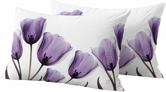 Spring Purple Outdoor Waterproof Throw Pillow Covers Set of 2, 20"x12", Flowers Image of Tulips Floral Decorative Pillow Covers Outside Cushion Case for Patio Porch Garden