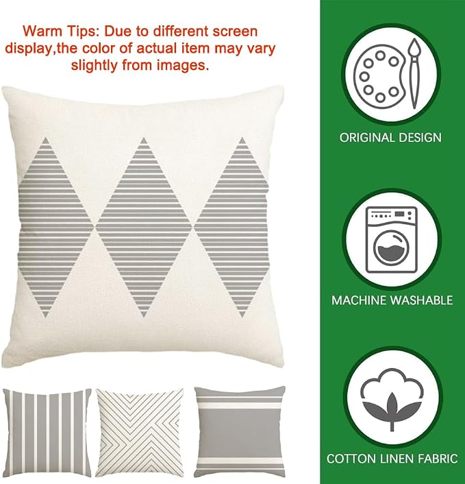 Outdoor Pillows Covers 16x16 Waterproof,Grey and Beige Set of 4(No Insert) | for Covered Patio Furniture Couch Sunbrella,No Insert Just Covers,Fit 16x16 inch Inserts or Smaller,Durable Polyester,Boho