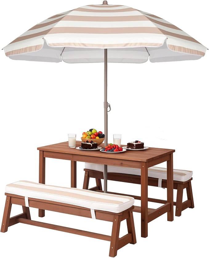 JOYMOR Kids Picnic Table Outdoor Wooden Table & Bench with Adjustable Umbrella, Picnic Table Set w/Removable Cushions for Backyard, Patio, Garden, Indoor(Walnut)