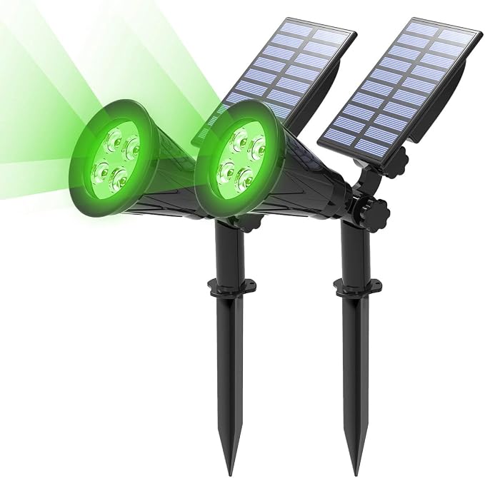 T-SUN Green Solar Spot Lights Outdoor Waterproof, Solar Spotlights, 2 Pack | 4 LEDs, 2 Lighting Modes, IP65 Waterproof Dusk to Dawn Solar Lights for Tree, Patio, Yard, Garden, Driveway, Halloween