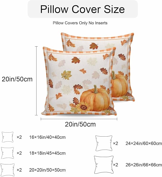 Thanksgiving Day Outdoor Pillow Covers Set of 2, Autumn Pumpkins Sunflowers Decorative Waterproof Throw Pillowcase Fall Leaves Plaid Cotton Linen Soft Cozy Cushion Cover Pillowsham 16x16In