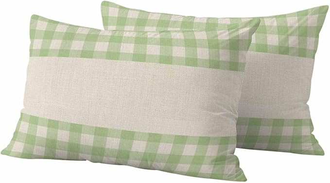 Retro Green Outdoor Waterproof Pillow Covers, Farmhouse Buffalo Plaid Vintage Beige Decorative Rectangle Throw Pillowcase Sofa Cushion Sham for Patio/Couch/Chair, 20"x12" 2 Pack