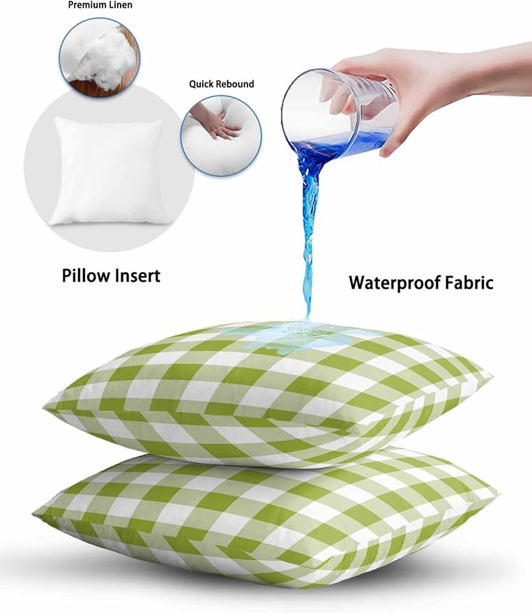 Waterproof Outdoor Pillow Set of 2 Avocado Green Buffalo Plaid Decorative Throw Pillows Cover & Insert 18x18 Inch Pillowcase Check Lines Pillows for Couch Sofa Bed Patio Furniture Indoor Outdoor