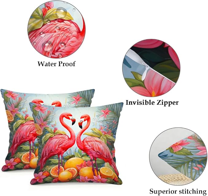 Flamingos Lemon Summer Fruit Outdoor Throw Pillow Covers 18x18 Inch Set of 2 Waterproof Decorative Square Pillowcases Cushion Cases for Patio Couch Garden Furniture Sofa