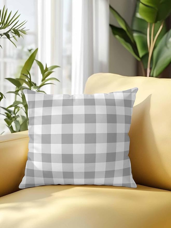 Waterproof Outdoor Pillow 1 Pack Grey Buffalo Plaid Decorative Throw Pillows Cover & Insert 16x16 Inch Pillowcase Check Lines Square Pillows for Couch Sofa Bed Patio Furniture Indoor Outdoor
