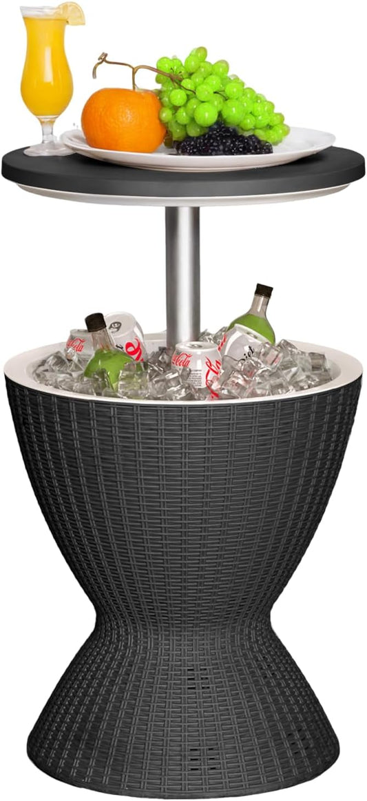 Outdoor Cool Bar Table 8 Gallon Portable Cooler Side Table,3-in-1 Cocktail Coffee Table Rattan Style,Sturdy, Waterproof & UV Resistant,Easy to Assemble & Clean for Indoor & Outdoor Use(Black)