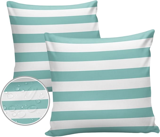Outdoor Pillows 16x16 Waterproof Outdoor Pillow Covers Teal White Stripes Polyester Throw Pillow Covers Garden Cushion Decorative Case for Patio Couch Decoration Set of 2 Geometric