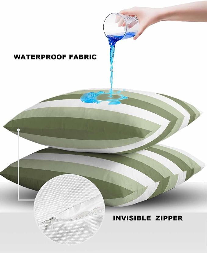 Pack of 2 Ombre Green Stripe Outdoor Pillow Waterproof Covers 24x24 inch, Geometric Art Polyester Throw Pillow Covers Garden Cushion Decorative Case for Patio Couch Decoration