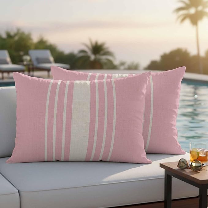 Lumbar Pillow Covers 20x12 Inch Set of 2, Pink Beige Striped Waterproof Outdoor Cushion Covers, Modern Farmhouse Retro Lines Decorative Pillowcases for Couch, Sofa, Bed, Garden, Patio