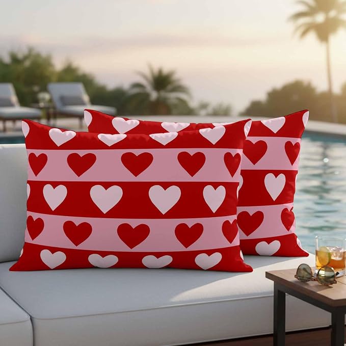 Outdoor Waterproof Throw Pillow Covers, Valentine's Day Decorative Pillow Cases, Romantic Pink Red Love Heart Stripes Couch Pillow Protector Patio Sofa Cushion Covers Replacement 20"x12" 2 Pack