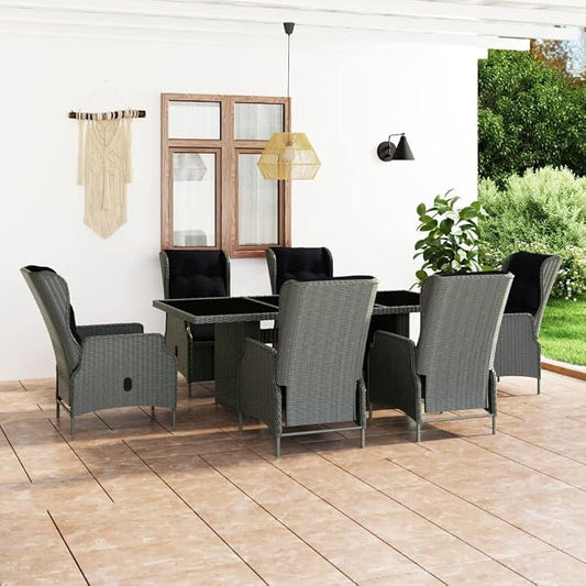 7 Piece Patio Dining Set with Cushions Poly Rattan Light Gray Outdoor Furniture Table and 6 Chairs Reclining Backrest for Garden Backyard