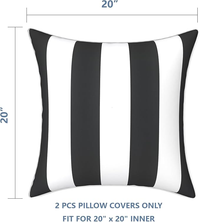 LVTXIII Outdoor Pillow Covers Set of 2, Patio Waterproof Throw Pillow Cases Fade Resistant Accent Pillow Covers for Spring Summer Garden Decoration, 20x20 Inch, Cabana Black