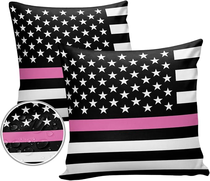 Outdoor Waterproof Pillow Covers Set of 2, Thin Pink Line Breast Cancer Awareness Women USA American Flag Patio Throw Pillow Covers, Decorative Cushion Case for Couch Sofa Furniture Garden, 24x24 Inch