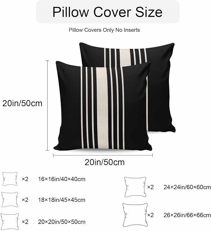 Black Beige Striped Outdoor Pillow Covers 26x26 Inch Throw Pillow Covers Set of 2 Waterproof Decorative Pillow Cases Modern Farmhouse Retro Lines Cushion Covers for Patio Furniture Garden Couch Sofa