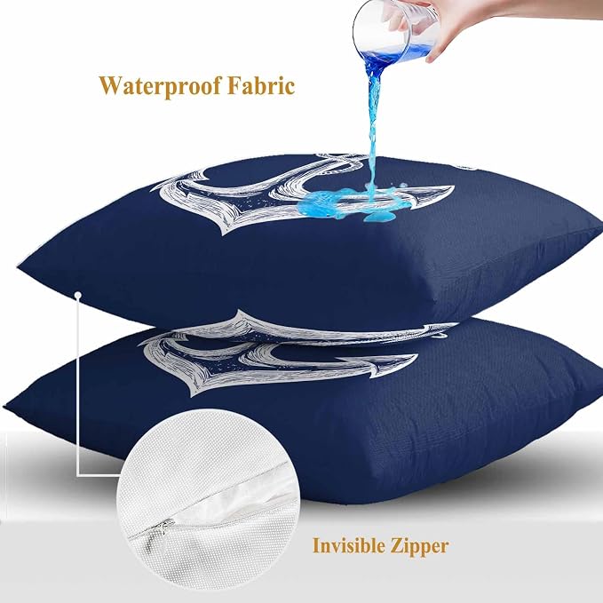 Nautical Outdoor Waterproof Throw Pillow Covers Set of 2, 16"x16", Anchor Rope Coastal Navy Blue Minimalist Decorative Pillow Covers Outside Cushion Case for Patio Porch Garden