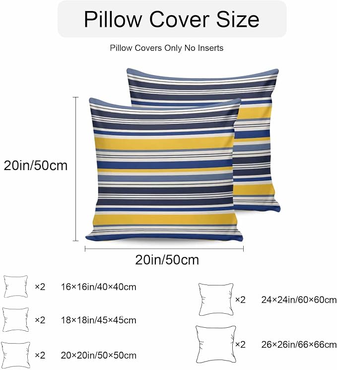 Outdoor Waterproof Throw Pillow Covers Set of 2 Yellow Stripes Lines Pillowcases 18x18 Inches Navy Blue Classic Striped Decorative Pillows Cushion Case Patio Pillows for Couch Bed Chair Garden