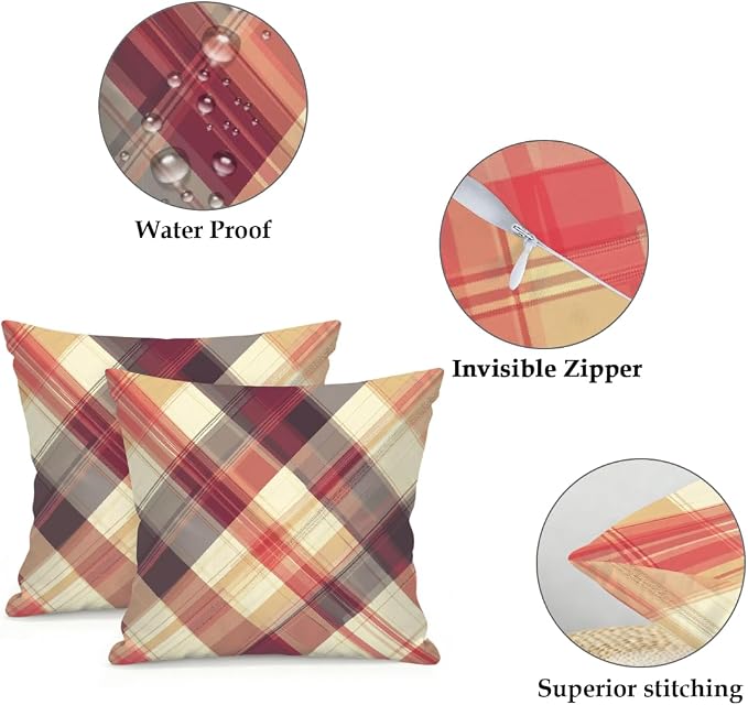 16x16 Inch Outdoor Pillow Covers Set of 2 Waterproof Throw Pillow Covers Decorative Couch Cushion Covers Buffalo Plaid Square Pillowcases Protectors for Patio Garden Sofa
