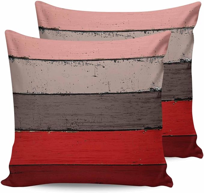Outdoor Throw Pillow Covers 24X24 Set of 2 Waterproof Ombre Christmas Red Brown Decorative Zippered Cushion Covers for Patio Furniture, Farmhouse Retro Rustic Barn Wood Texture Lumbar Pillowcases