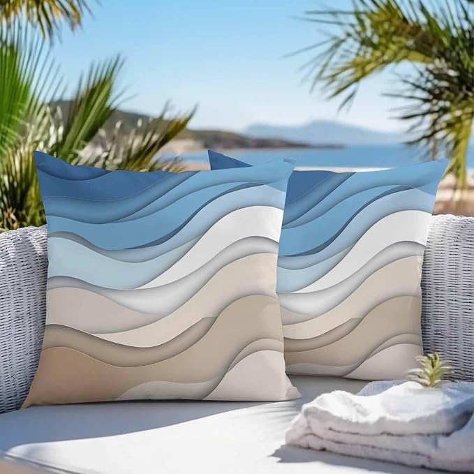 Modern Outdoor Pillow Covers Set of 2,Geometric Line Wave Striped Decorative Waterproof Throw Pillow Case,Minimalist Blue Brown Ombre Gradient Cushion Pillowcases for Couch Garden Patio,16x16In