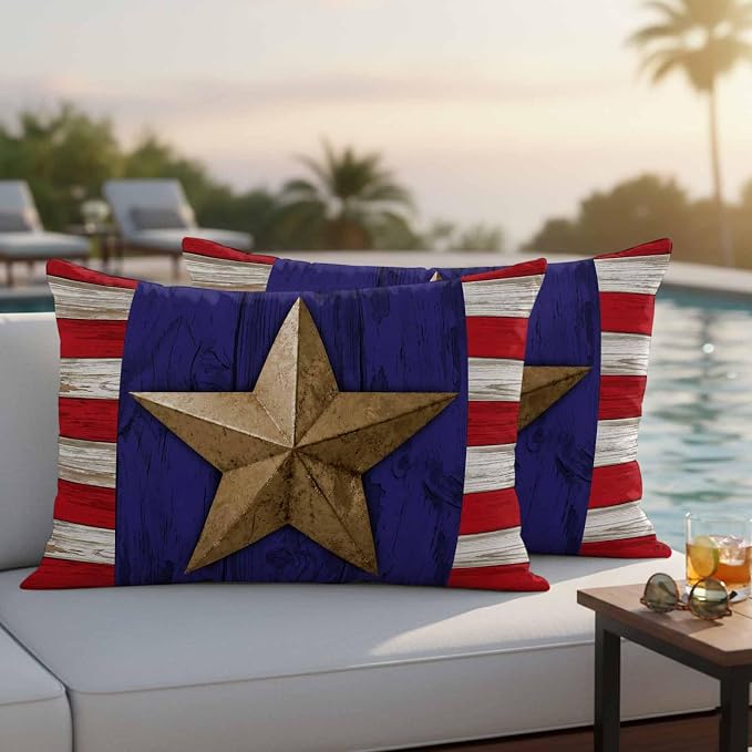 4th of July Outdoor Throw Pillows Covers 20x12 inch Set of 2 Waterproof Patriotic Stars Stripes Decorative Zippered Cushion Covers for Patio Furniture, Red White Blue Wood Grain Lumbar Pillowcases