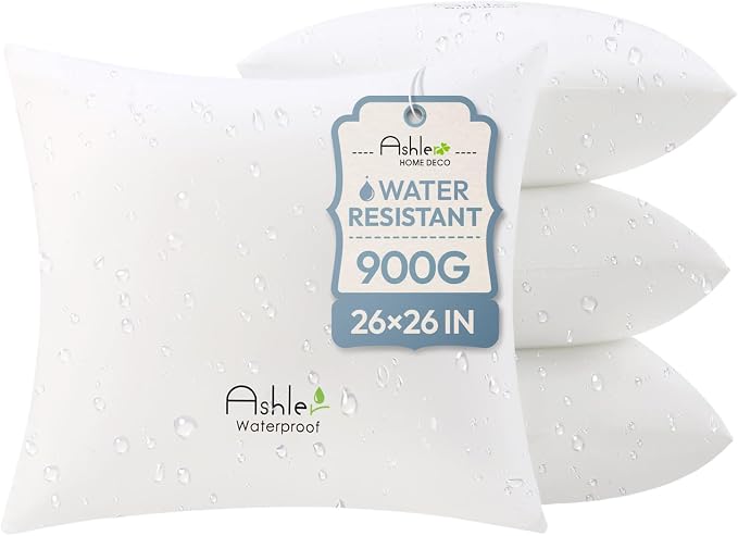 Outdoor Pillows 26 X 26 Pillow Inserts Pack of 4, Water-Resistant Decorative Premium Square Pillow Stuffer Sham Waterproof Pillow for Sofa Couch, Porch Patio Living Room Bedroom Furniture