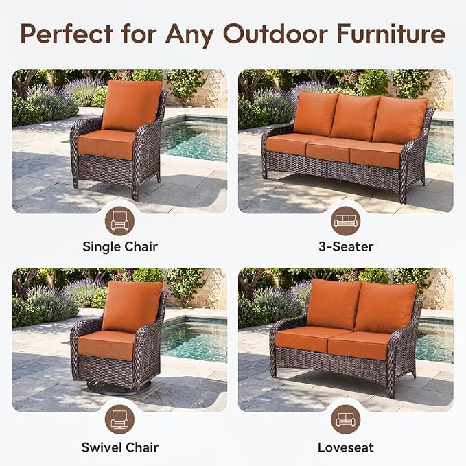 Luxury 22*24*6in Outdoor Patio Cushions, 5 Pieces Orange Outdoor Cushion | 6'' Thick Outdoor Cushions, Water-Resistant, Reversible, Removable Cover, for Patio Chairs Sofa Couch Loveseat