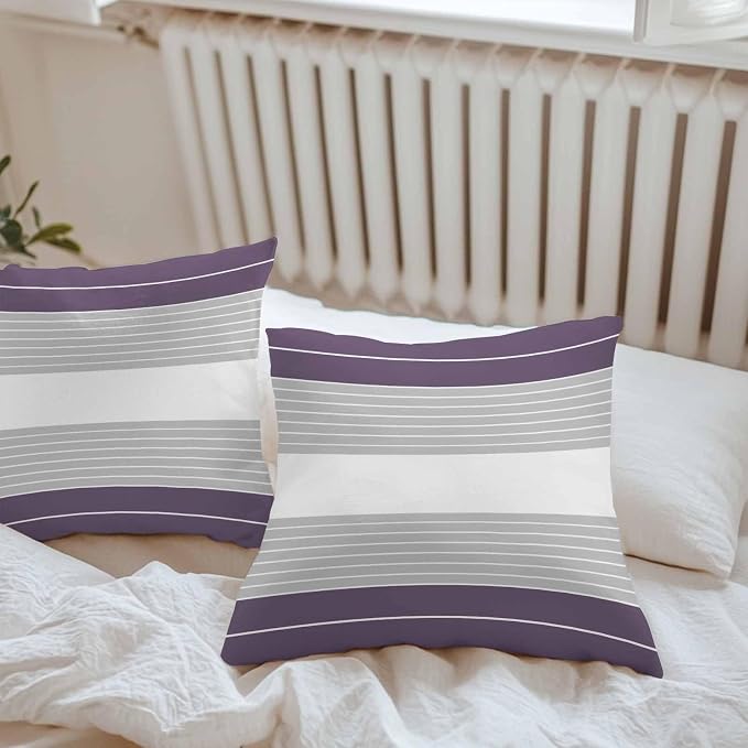 Purple Grey Stripe Outdoor Pillow Covers Waterproof, All Weather Cushion Case Set of 2, Modern Art Horizontal Striped Decorative Pillowcases for Sofa Couch Bed Decor Patio Furniture 18"x18"