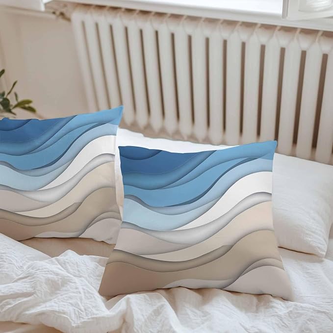 Modern Outdoor Pillow Covers Set of 2,Geometric Line Wave Striped Decorative Waterproof Throw Pillow Case,Minimalist Blue Brown Ombre Gradient Cushion Pillowcases for Couch Garden Patio,18x18In