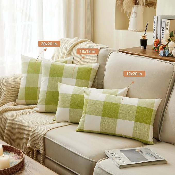 CARRIE HOME Spring Green Outdoor Lumbar Pillows 12 x 20 Set of 2, Spring Porch Decor Green Plaid Pillow Covers 12x20, Sage Gingham Pillow Covers for Patio Furniture (No Pillow Inserts)