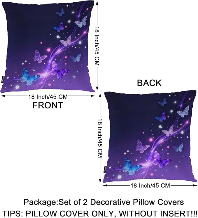 Swono Butterfly Throw Pillow Case, Glowing Butterflies Stars Square Home Decorative Cushion Cover for 18 X 18 Inches Pillow Covers, Purple 2 Pack Pillowcases for Bedroom Office Dorm Couch