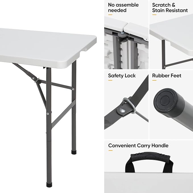ZENY 4ft Portable Folding Table Plastic Indoor Outdoor Picnic Party Camp Dining Table with Handle, White