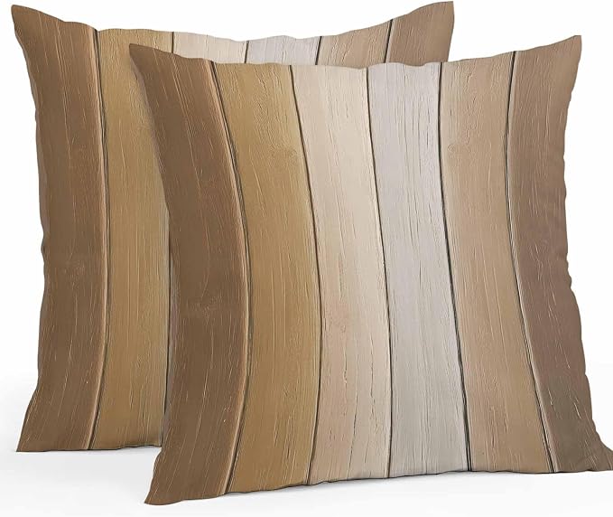 Throw Pillow Covers 16x16 Inch Set of 2, Brown Ombre Waterproof Outdoor Cushion Covers, Vintage Country Wooden Decorative Pillowcases for Couch, Sofa, Bed, Garden, Patio