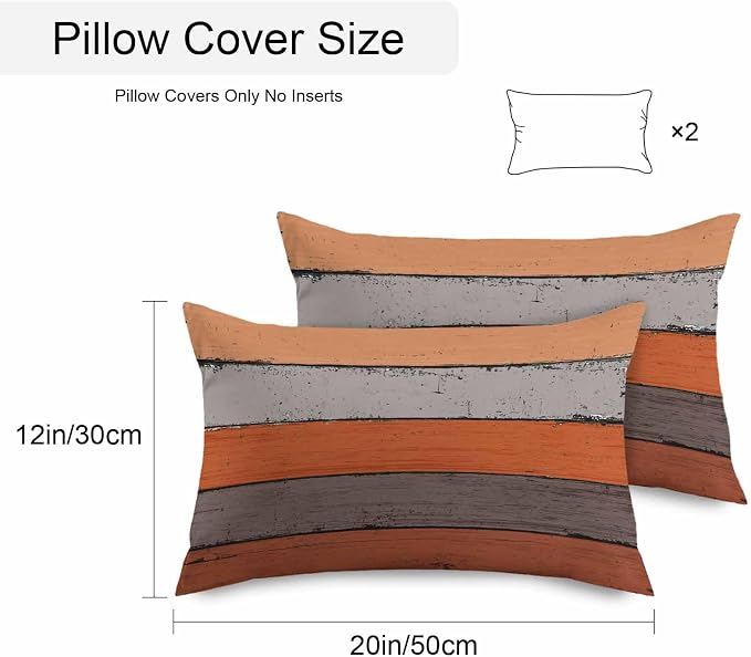 Outdoor Throw Pillow Covers 12X20 Set of 2 Waterproof Ombre Burnt Orange Gray Decorative Zippered Cushion Covers for Patio Furniture, Farmhouse Retro Rustic Barn Wood Texture Lumbar Pillowcases