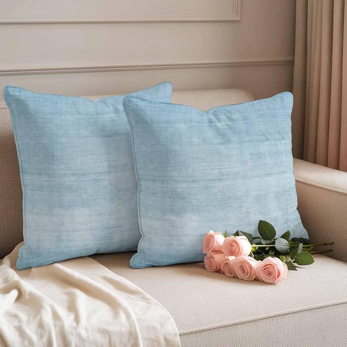 Vandarllin Outdoor Throw Pillows Covers 18x18 inch Set of 2 Waterproof Sky Blue Linen Decorative Zippered Cushion Covers for Patio Furniture, Solid Color Texture Lumbar Pillowcases