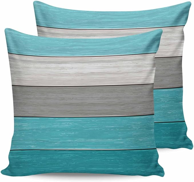 Outdoor Throw Pillow Covers 20X20 Set of 2 Waterproof Ombre Aqua Blue Gray Decorative Zippered Cushion Covers for Patio Furniture, Farmhouse Retro Rustic Barn Wood Texture Lumbar Pillowcases
