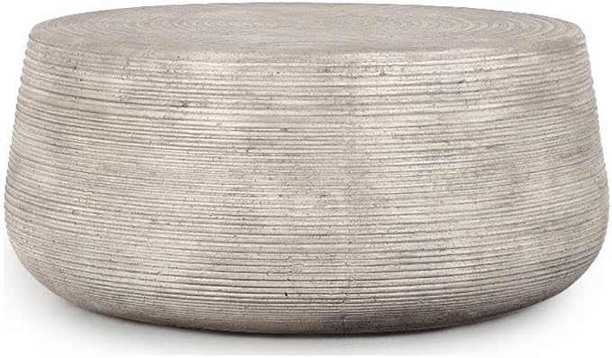 Pemberly Row Concrete Stone Outdoor Coffee Table, 37 in Wide, Rough Light Gray Finish, Fluted Texture, Hollow Drum Design, Durable Indoor/Outdoor Patio Table, Contemporary Style
