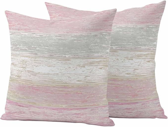 Outdoor Waterproof Throw Pillow Covers, Vintage Pink Grey Decorative Pillow Cases, Farmhouse Barn Wooden Striped Couch Pillow Protector Patio Sofa Cushion Covers Replacement 16"x16" 2 Pack