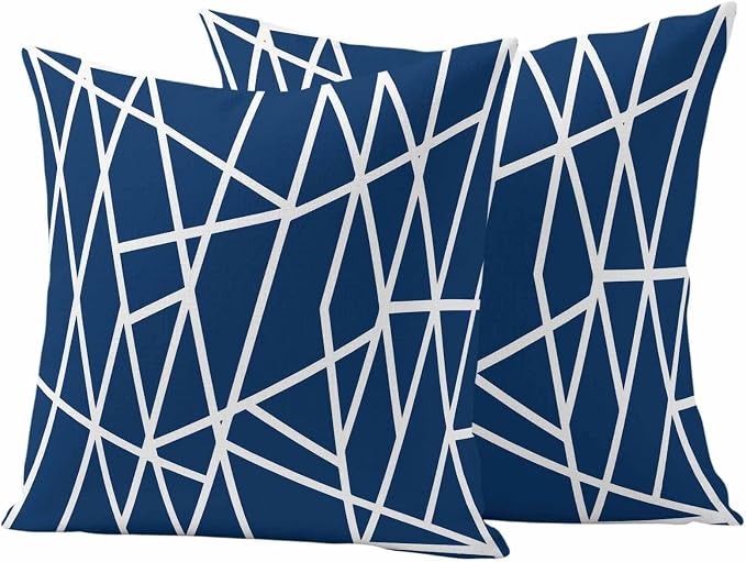 Outdoor Pillow Covers Waterproof, Nave Blue Geometric Decorative Square Throw Pillowcases Patio Cushion Covers for Tent/Garden, 16" x 16" 2 Pack, Abstract Stripes Modern Minimalist