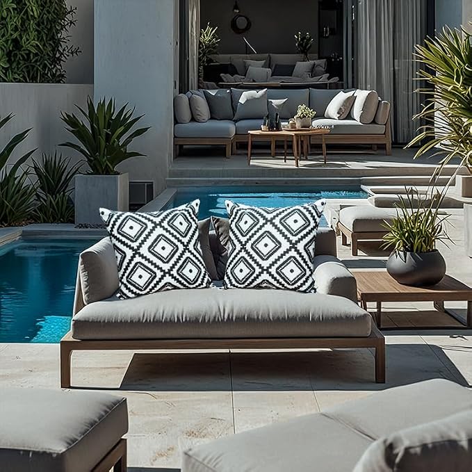 Outdoor Pillow Covers 2 Pack Patio Decorative Accent Throw Pillow Covers, Waterproof and Fade Resistant, Perfect for Summer Outdoors and Indoors, Geometric 18x18in Black and White