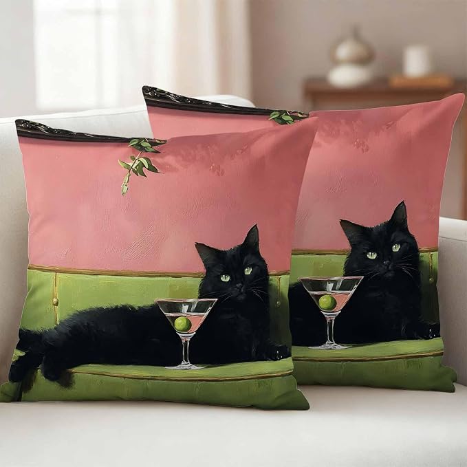 Funny Cat Outdoor Pillow Covers 20x20 Inch Throw Pillow Covers Set of 2 Waterproof Decorative Pillow Cases Vintage Wine Animals Green Sofa Pink Cushion Covers for Patio Furniture Garden Couch Sofa