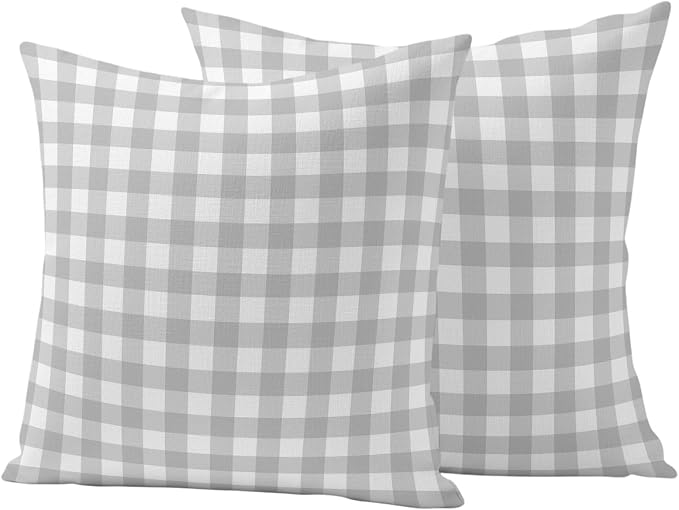 Light Gray Checks Outdoor Pillow Covers 26"x26" Set of 2, Gingham Plaid Abstract Modern Minimalist Waterproof Throw Pillow Covers for Patio Furniture, Decorative Cushion Covers for Porch