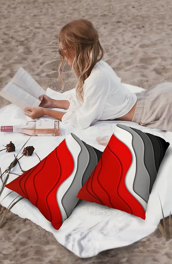 Funy Decor Waterproof Outdoor Throw Pillow Cover Red Modern Geometric Lumbar Pillowcases Set of 2 Grey Abstract Beach Decorative Patio Furniture Pillows for Couch Garden 20x12 inch x 2pcs