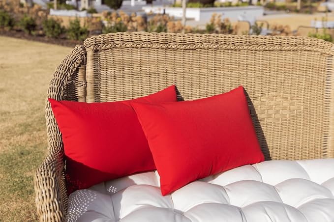 RSH DECOR: Sunbrella Lumbar Throw Pillows Set of 2 | 20" x 12" | Water and Fade-Resistant Performance Fabric | Outdoor Pillow Covers with Down-Alternative Inserts | Canvas Jockey Red