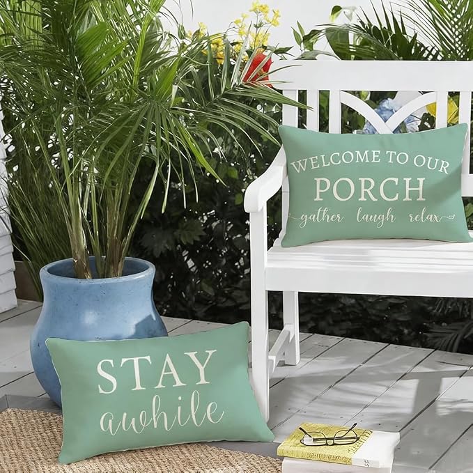 RABUSOFA Welcome to Our Porch Decor Outdoor Pillow Covers Waterproof,12x20 Set of 2 Eucalyptus Green Stay Awhile Relax Lumbar Cushion Case Decorations for Patio Couch (Green)